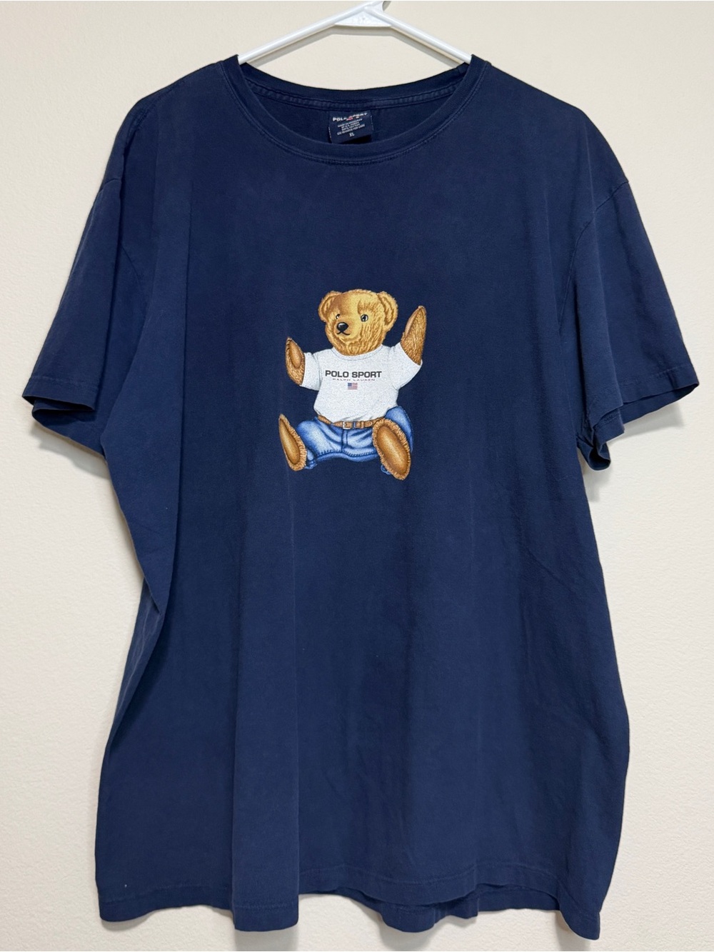 Vintage 90s Polo Sport Ralph Lauren Sitting Sit Down Bear Blue T-Shirt XL